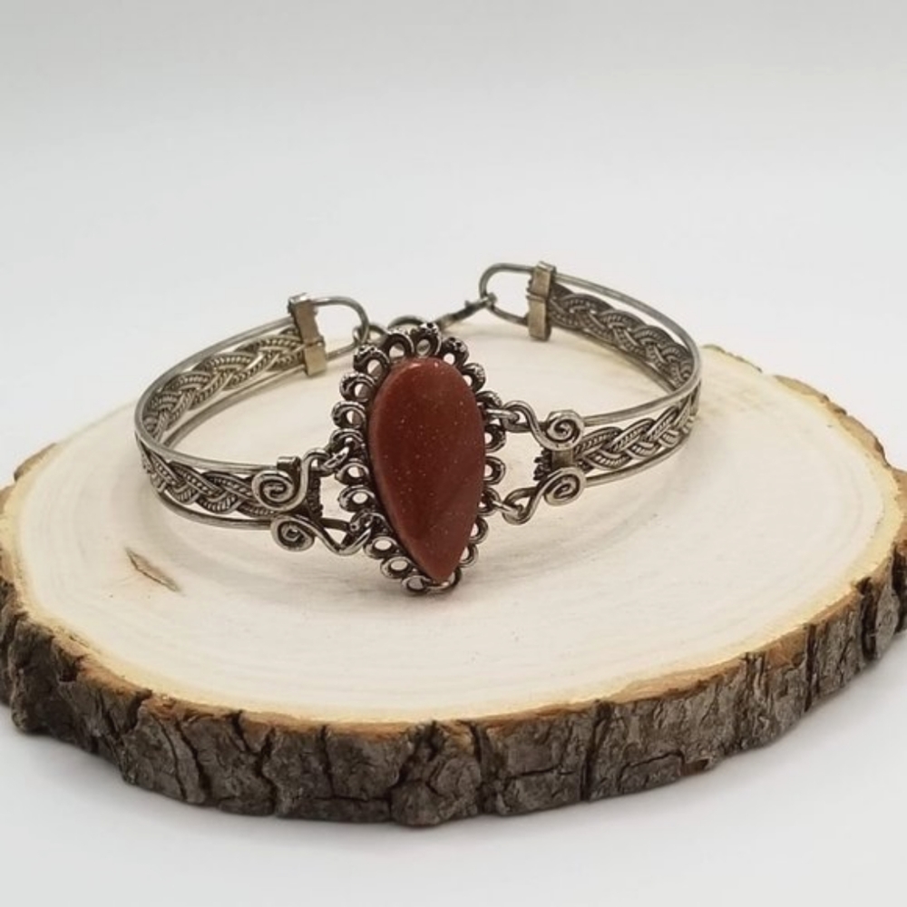 Goldstone and Silver Tone Handmade Antique Look Bracelet